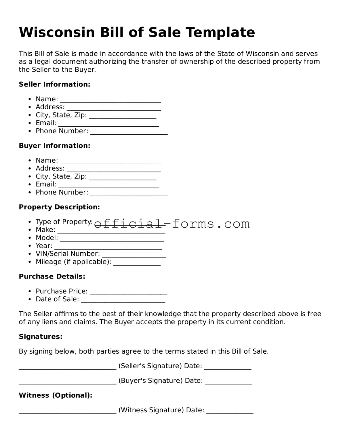 Official Wisconsin Bill of Sale Document