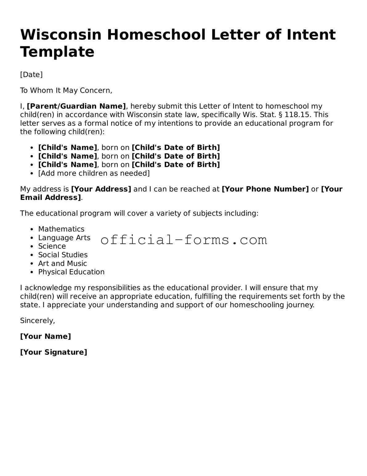Official Wisconsin Homeschool Letter of Intent Document