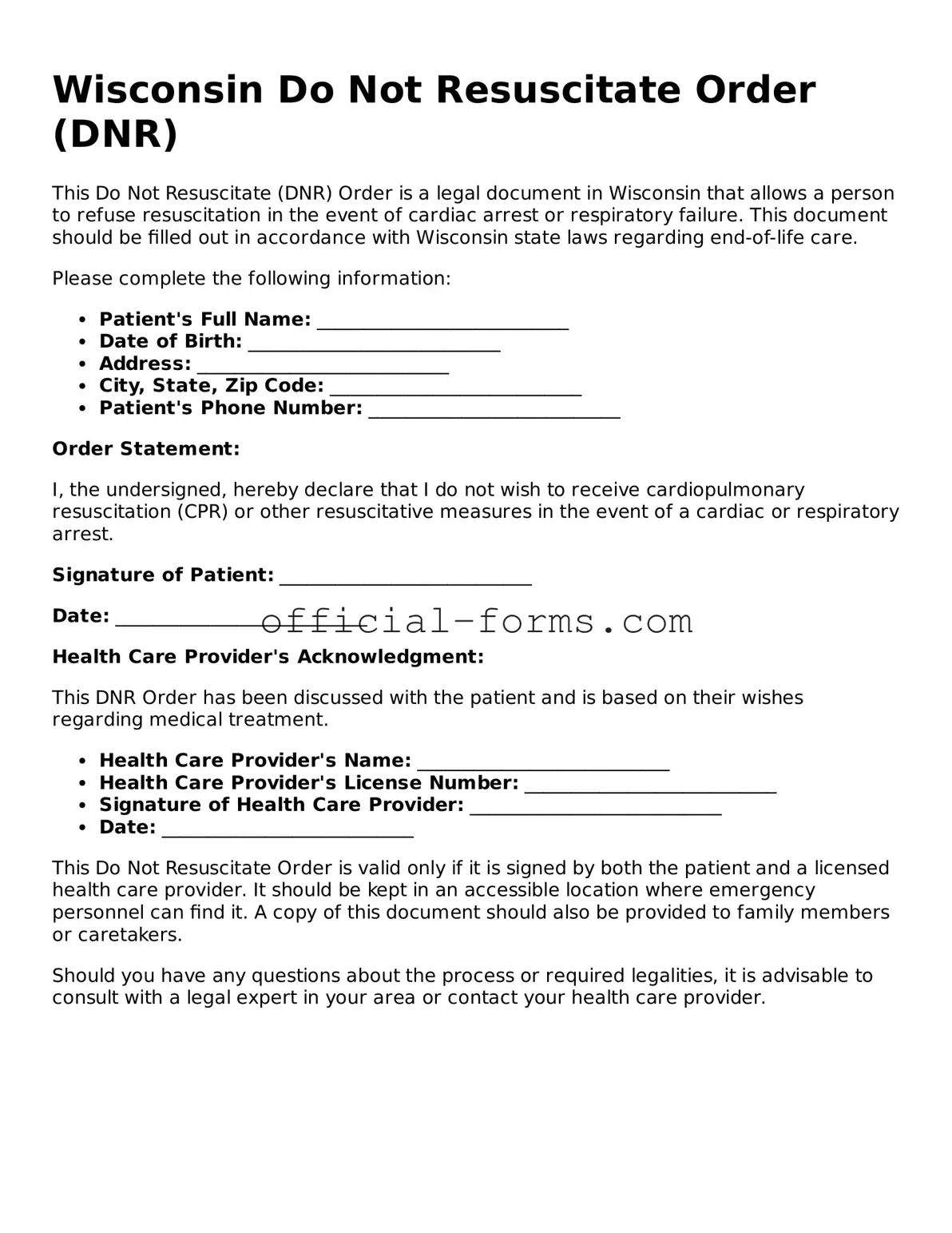 Official Wisconsin Do Not Resuscitate Order Document