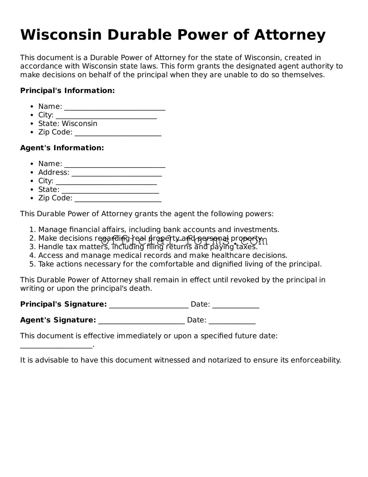 Official Wisconsin Durable Power of Attorney Document