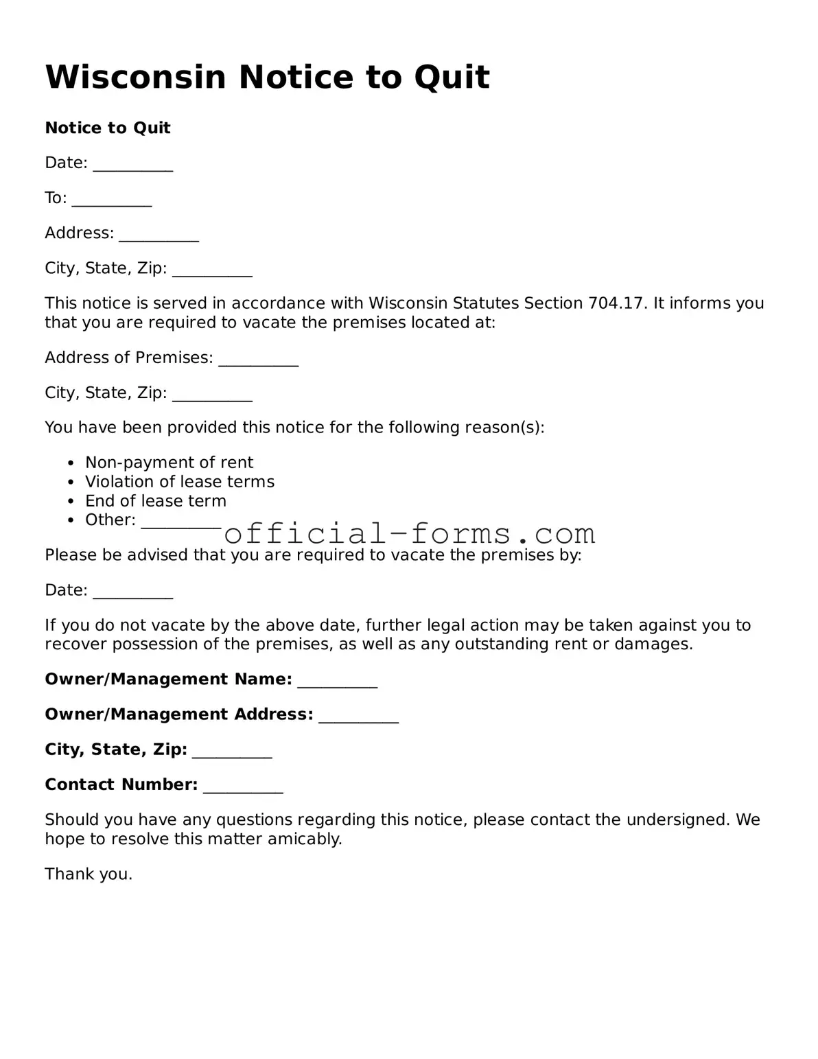 Official Wisconsin Notice to Quit Document