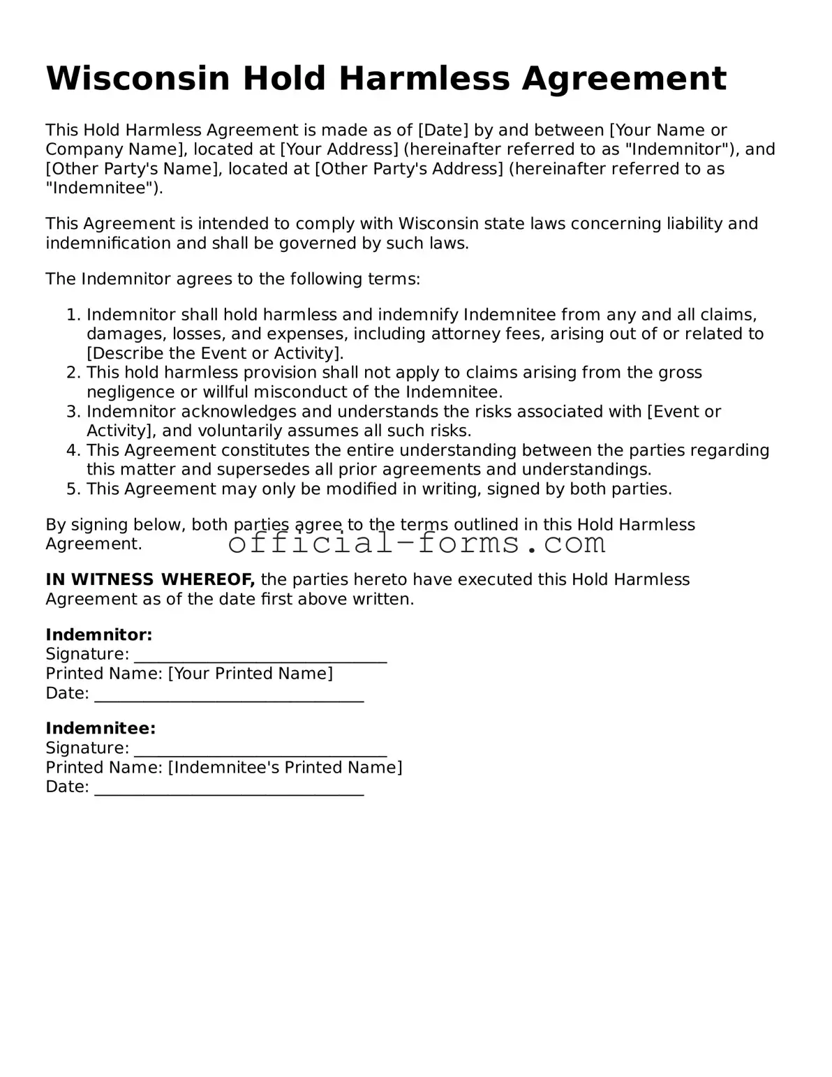 Official Wisconsin Hold Harmless Agreement Document