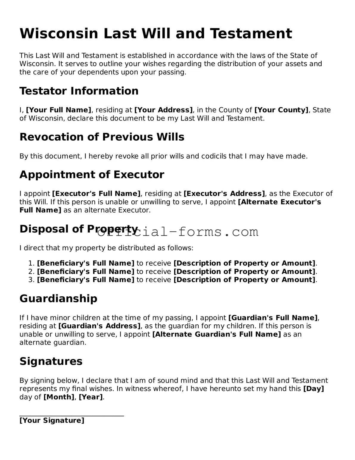 Official Wisconsin Last Will and Testament Document