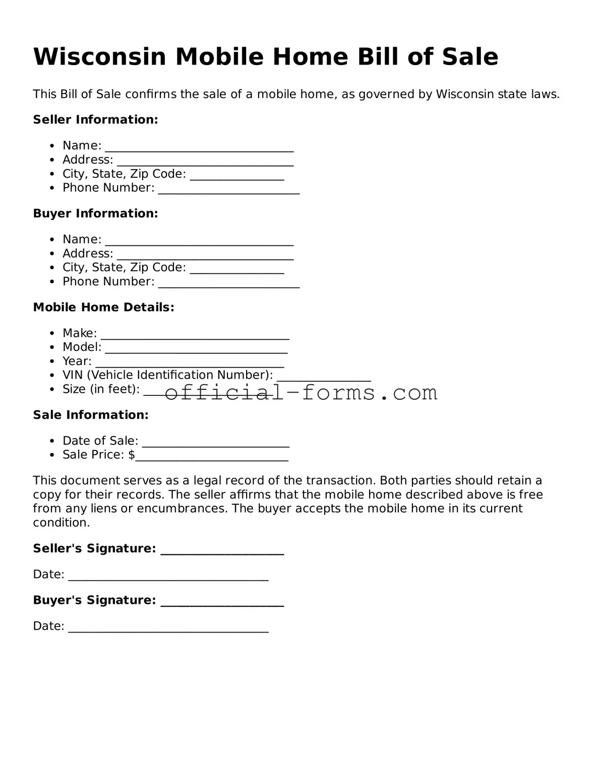 Official Wisconsin Mobile Home Bill of Sale Document