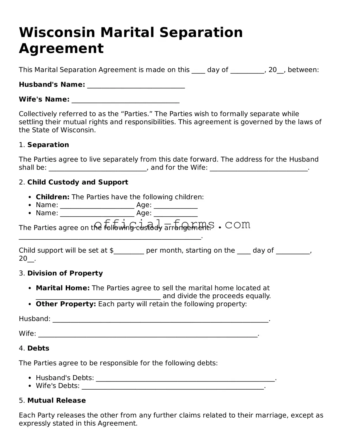 Official Wisconsin Marital Separation Agreement Document