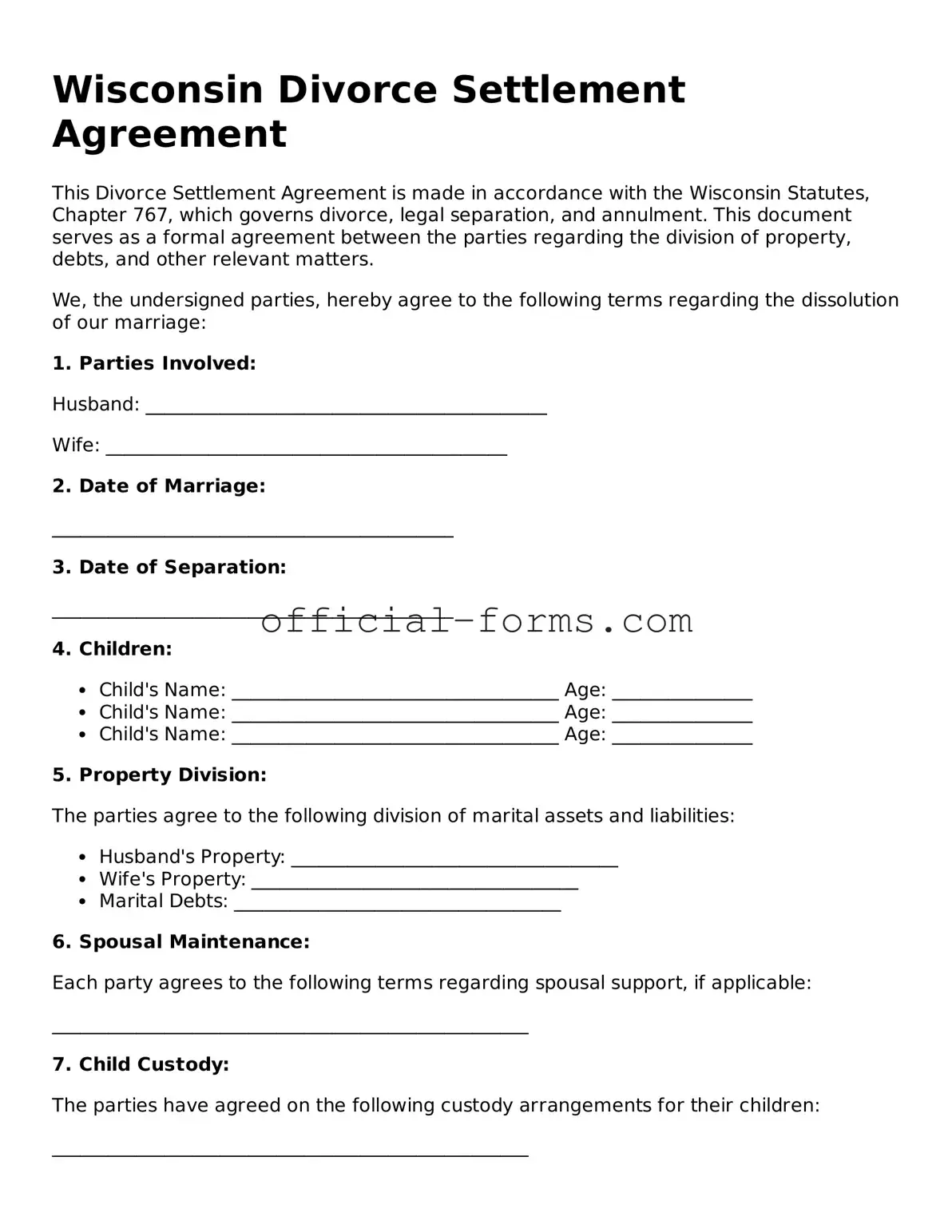 Official Wisconsin Divorce Settlement Agreement Document