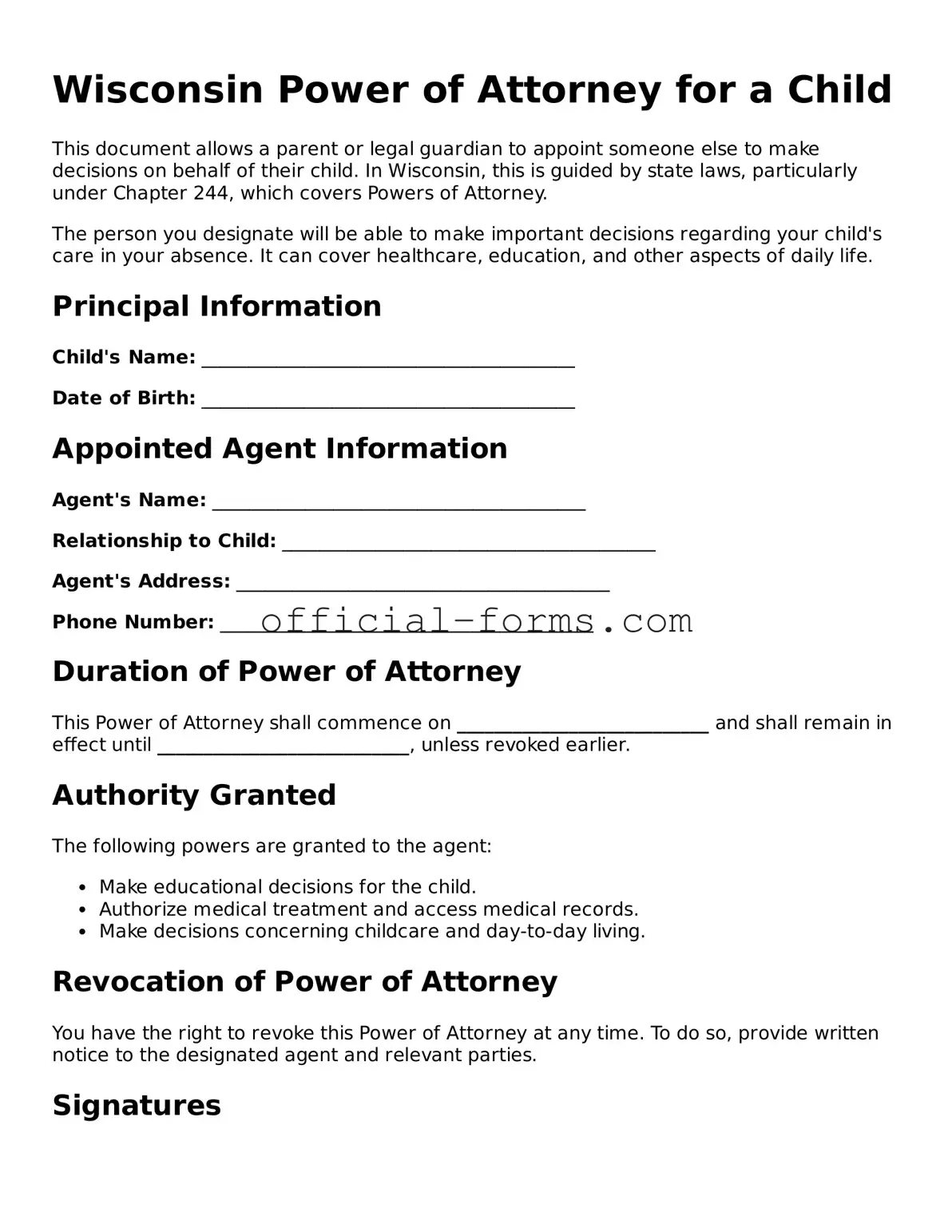 Official Wisconsin Power of Attorney for a Child Document