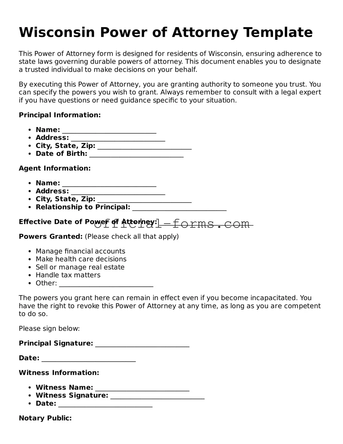 Official Wisconsin Power of Attorney Document