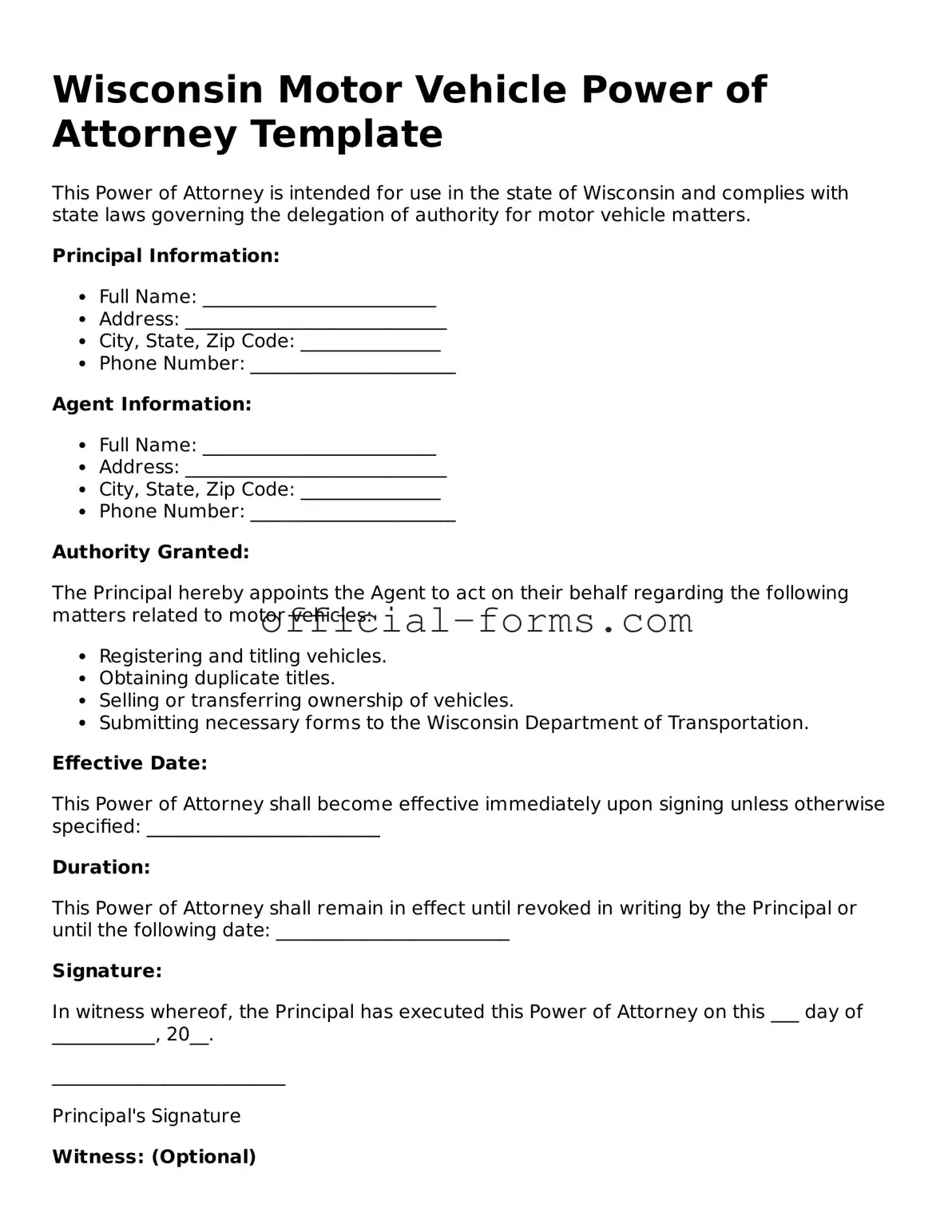 Official Wisconsin Motor Vehicle Power of Attorney Document