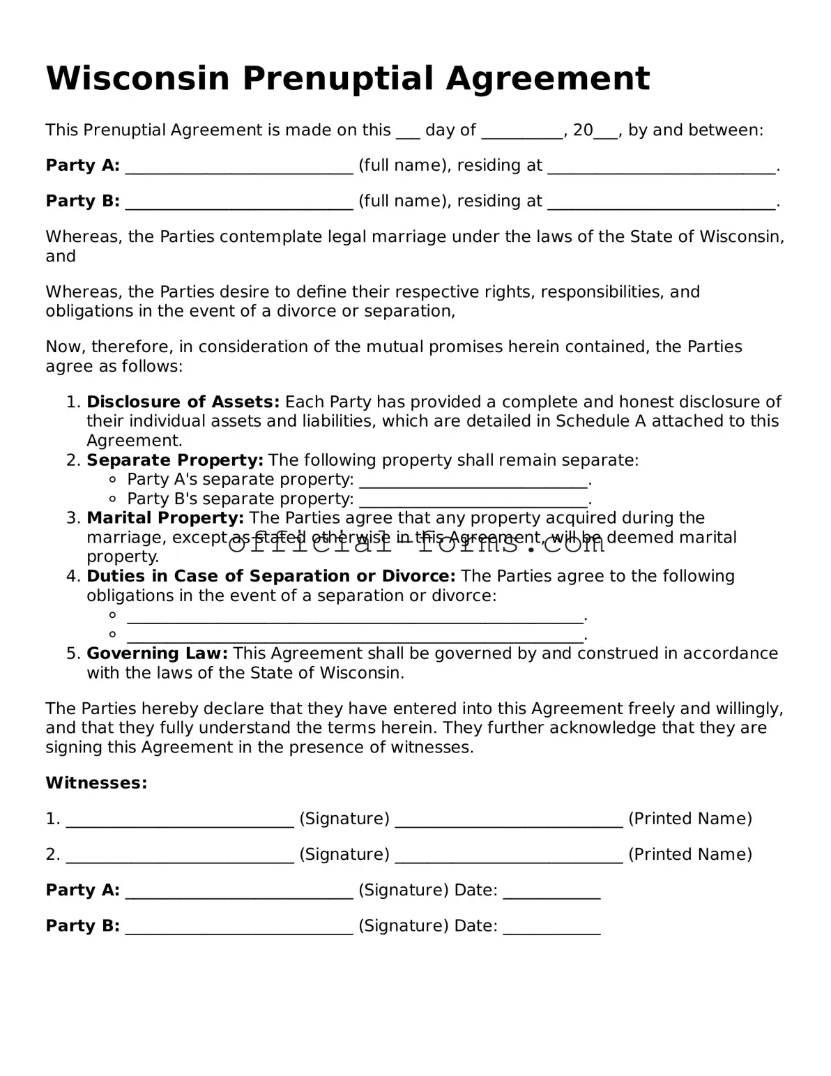 Official Wisconsin Prenuptial Agreement Document