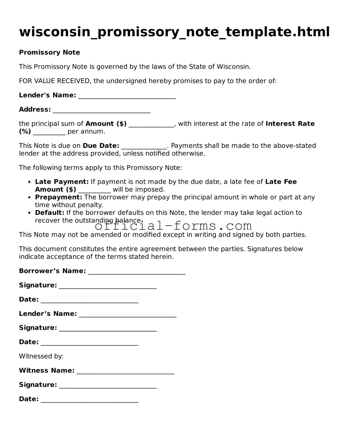 Official Wisconsin Promissory Note Document