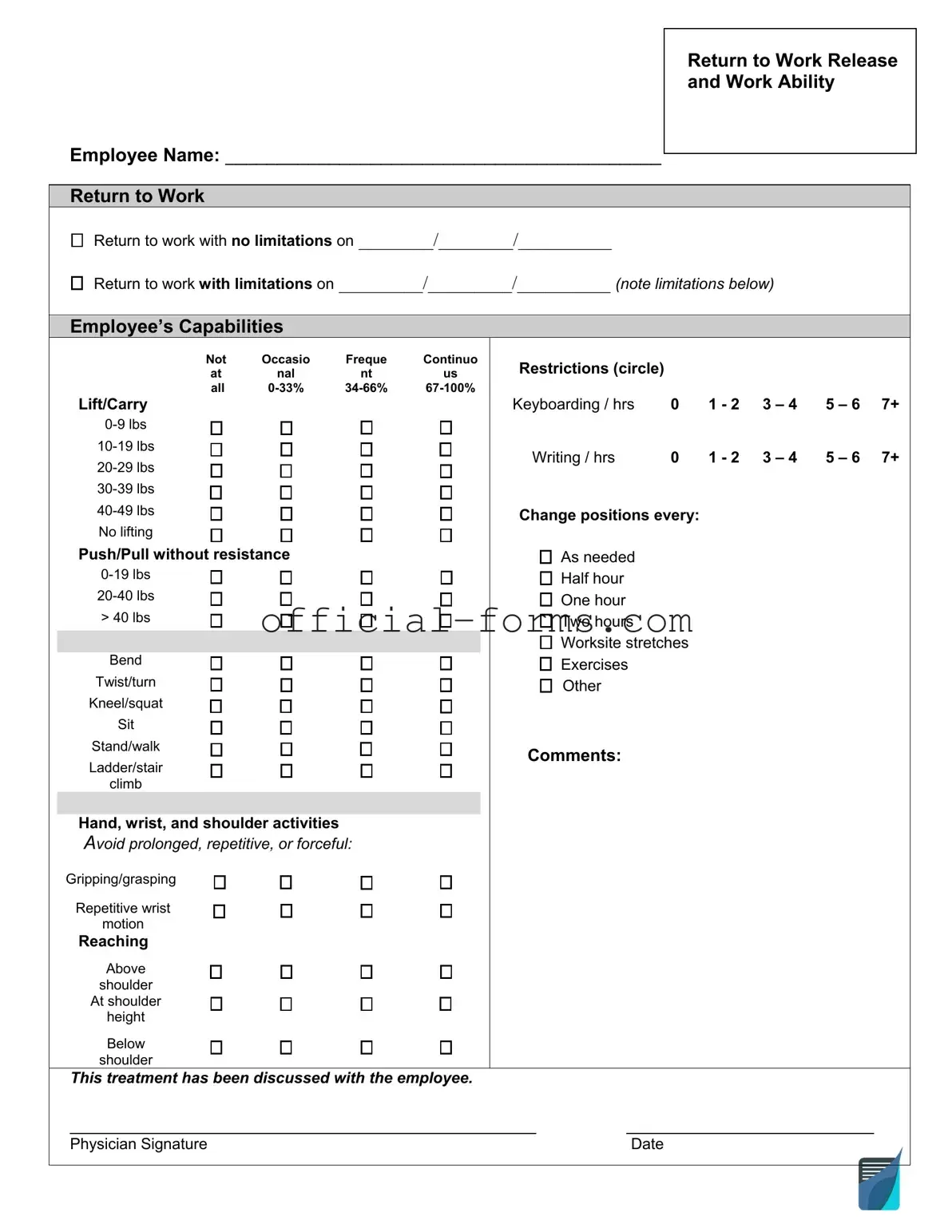 Blank Work Release Form