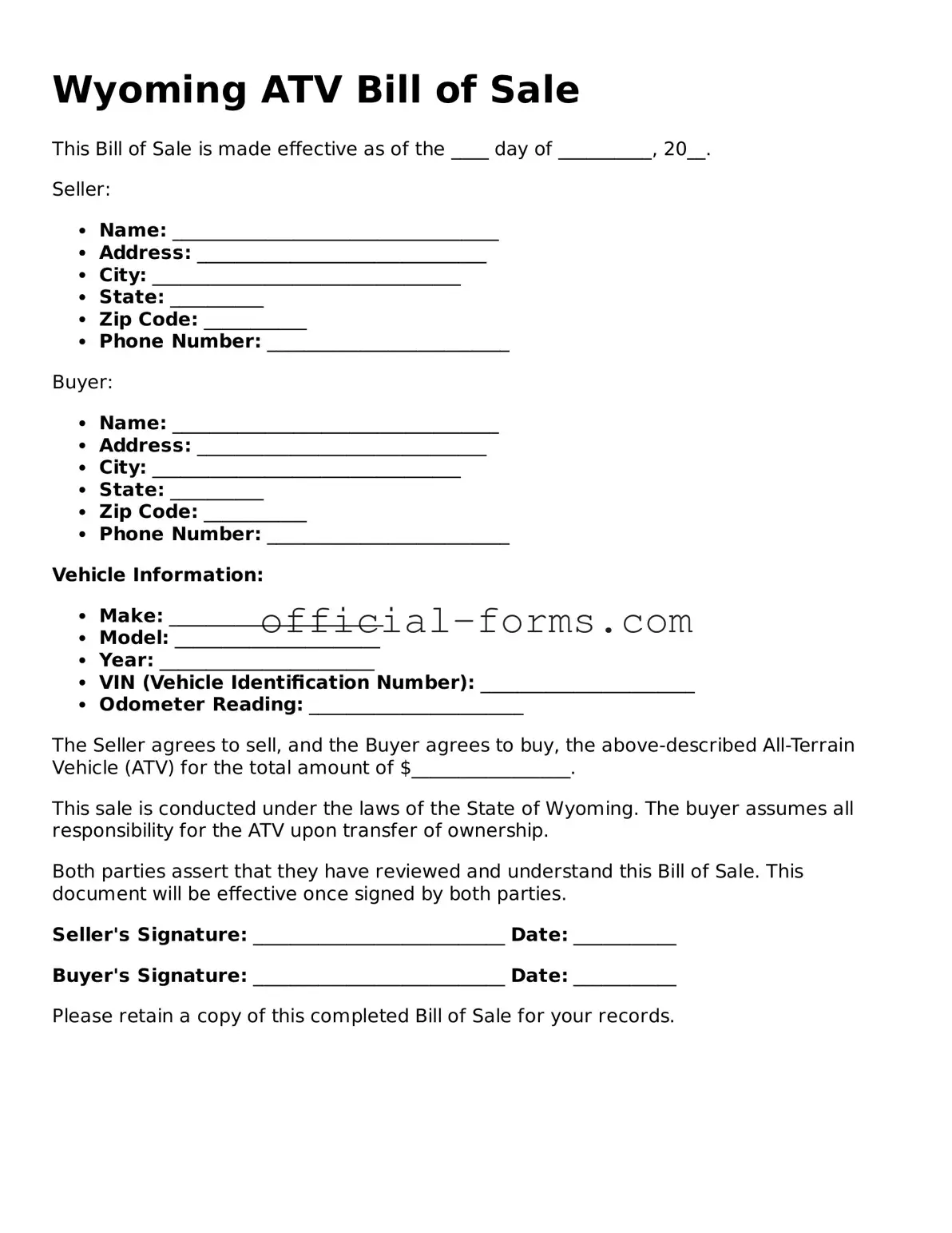 Official Wyoming ATV Bill of Sale Document