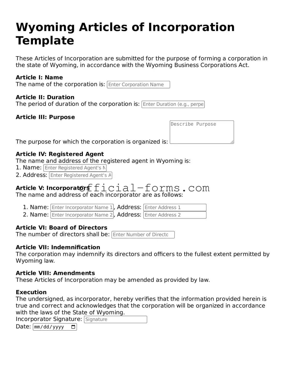 Official Wyoming Articles of Incorporation Document