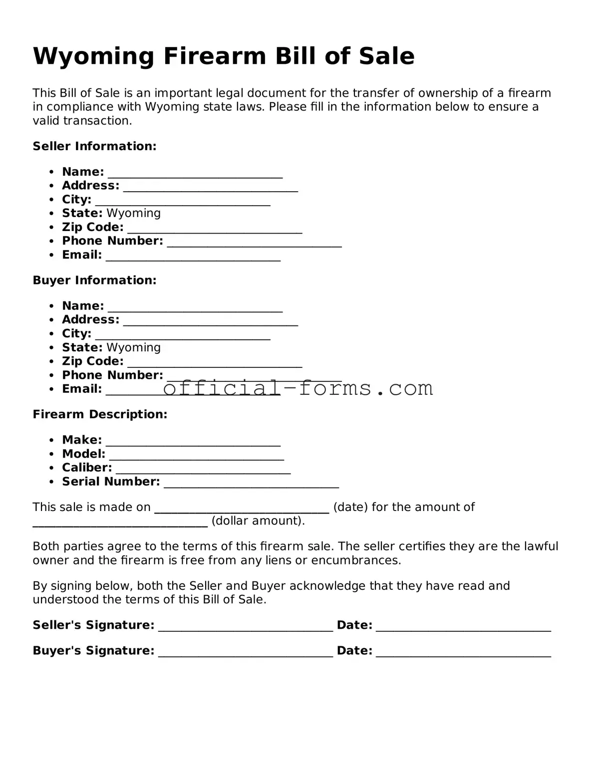 Official Wyoming Firearm Bill of Sale Document