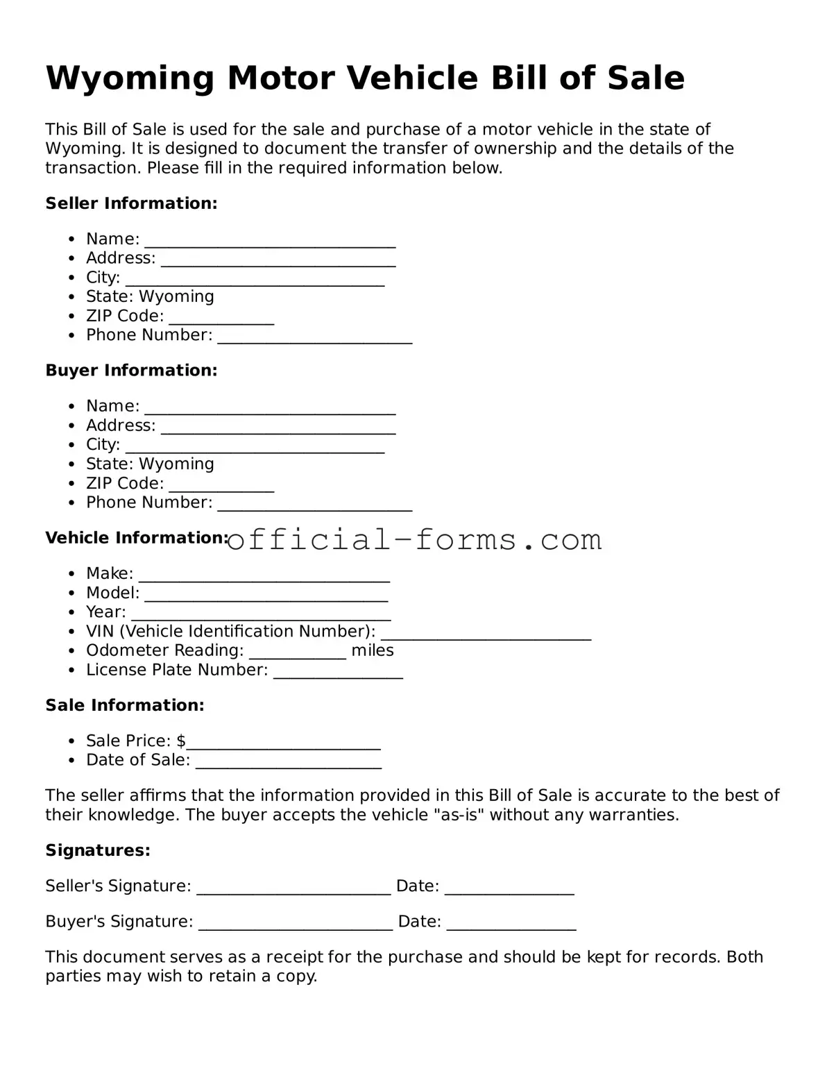 Official Wyoming Motor Vehicle Bill of Sale Document