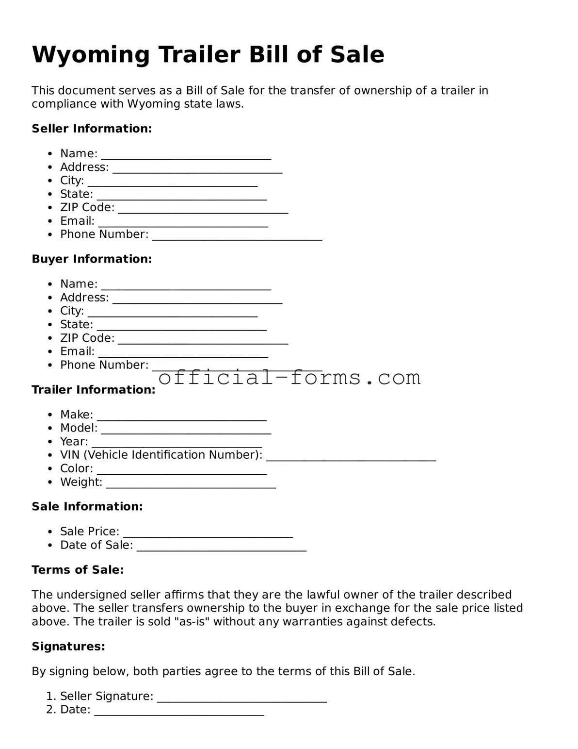 Official Wyoming Trailer Bill of Sale Document