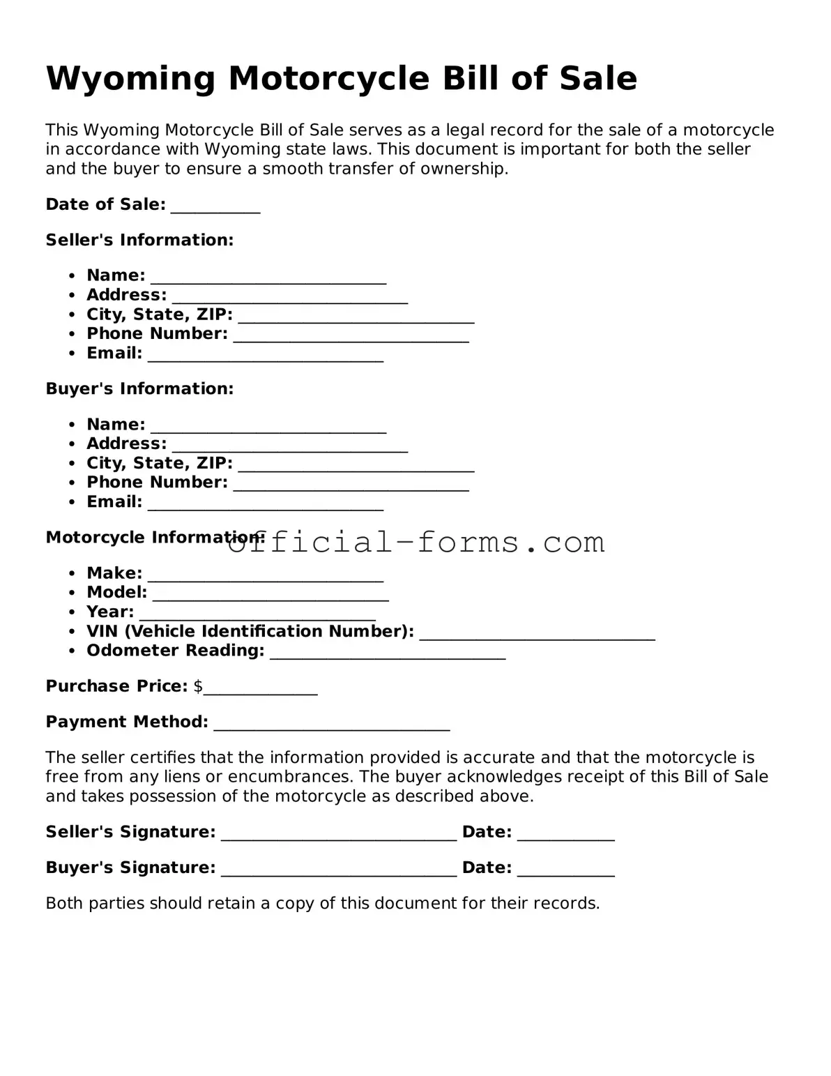 Official Wyoming Motorcycle Bill of Sale Document