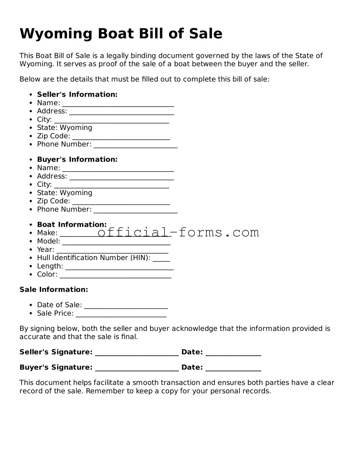 Official Wyoming Boat Bill of Sale Document