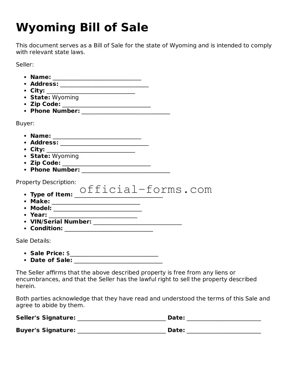 Official Wyoming Bill of Sale Document