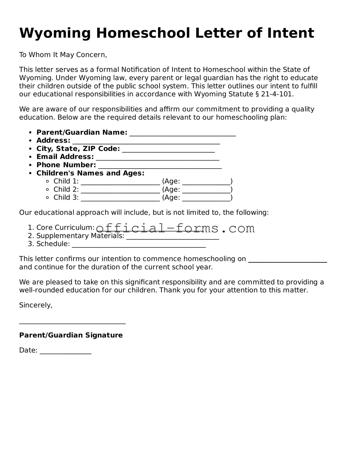 Official Wyoming Homeschool Letter of Intent Document
