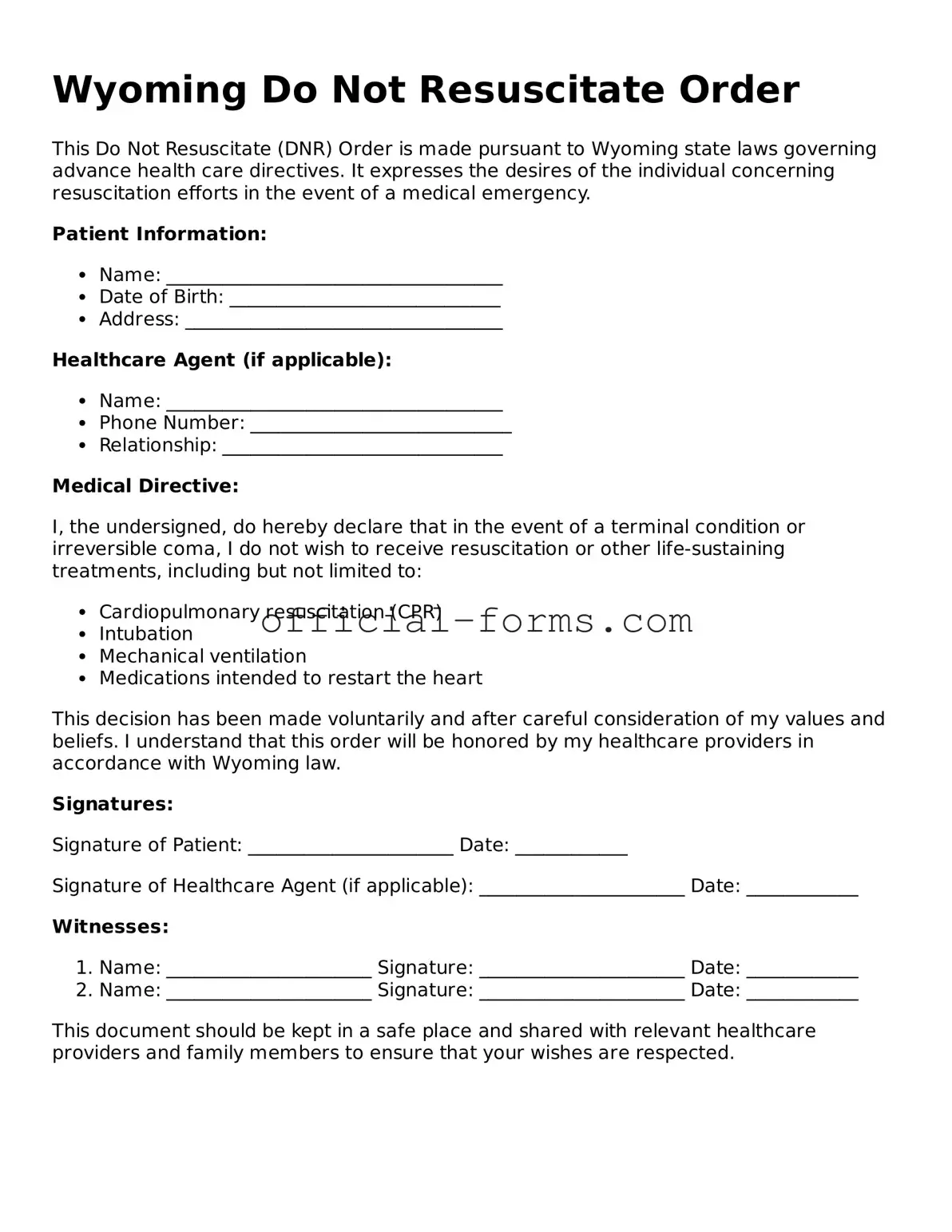 Official Wyoming Do Not Resuscitate Order Document