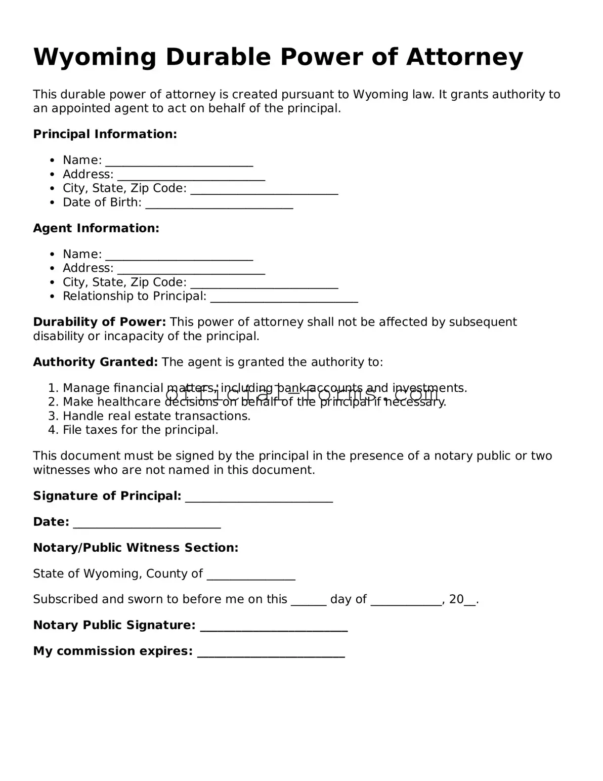 Official Wyoming Durable Power of Attorney Document