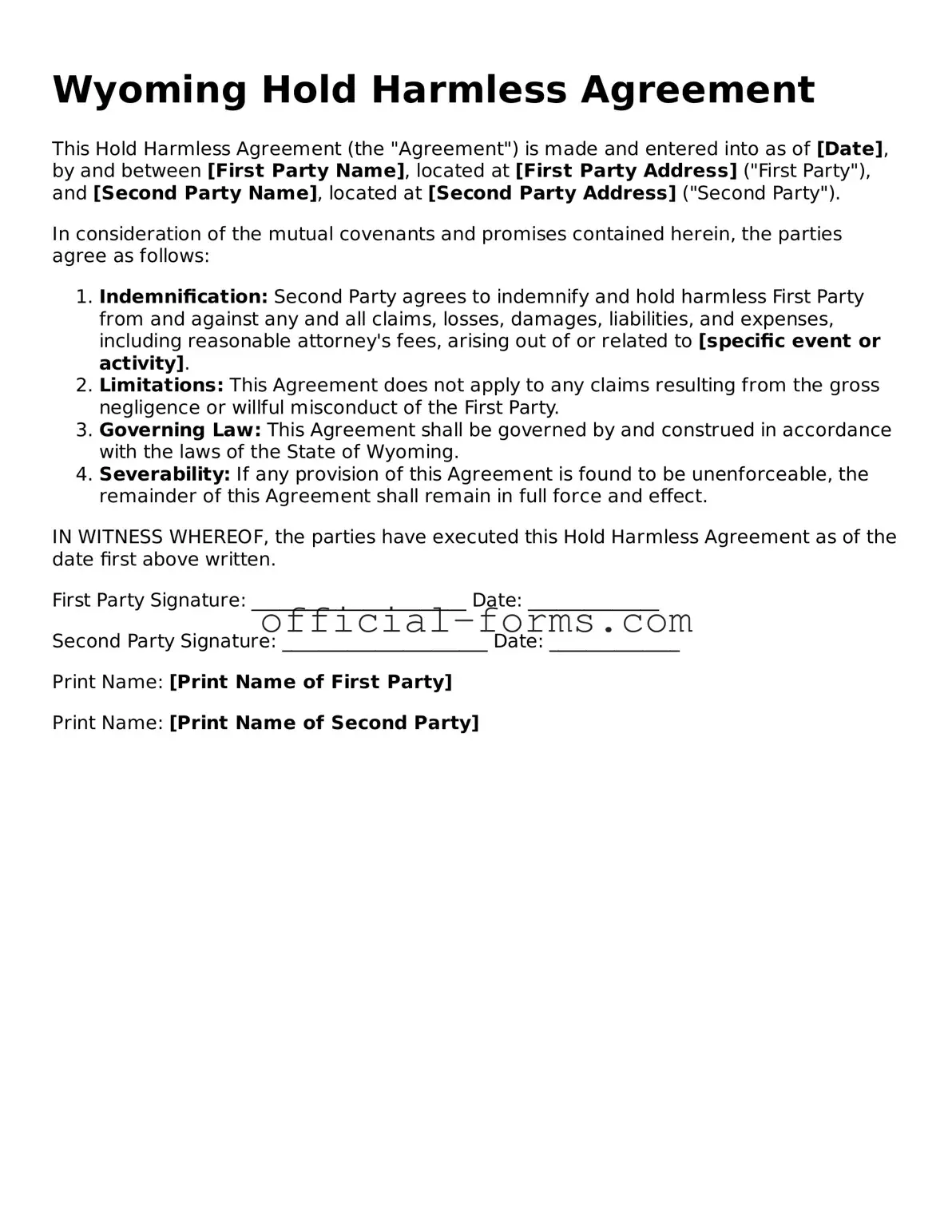 Official Wyoming Hold Harmless Agreement Document
