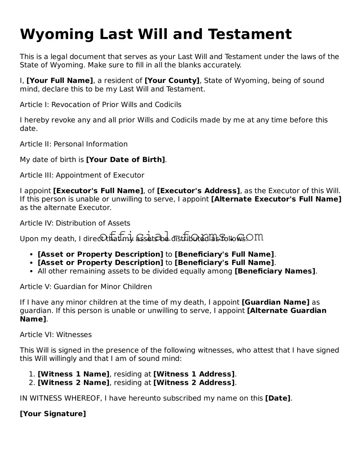 Official Wyoming Last Will and Testament Document
