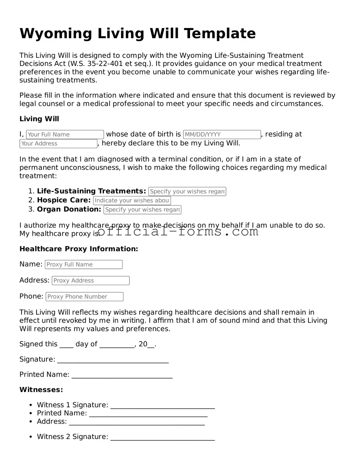 Official Wyoming Living Will Document