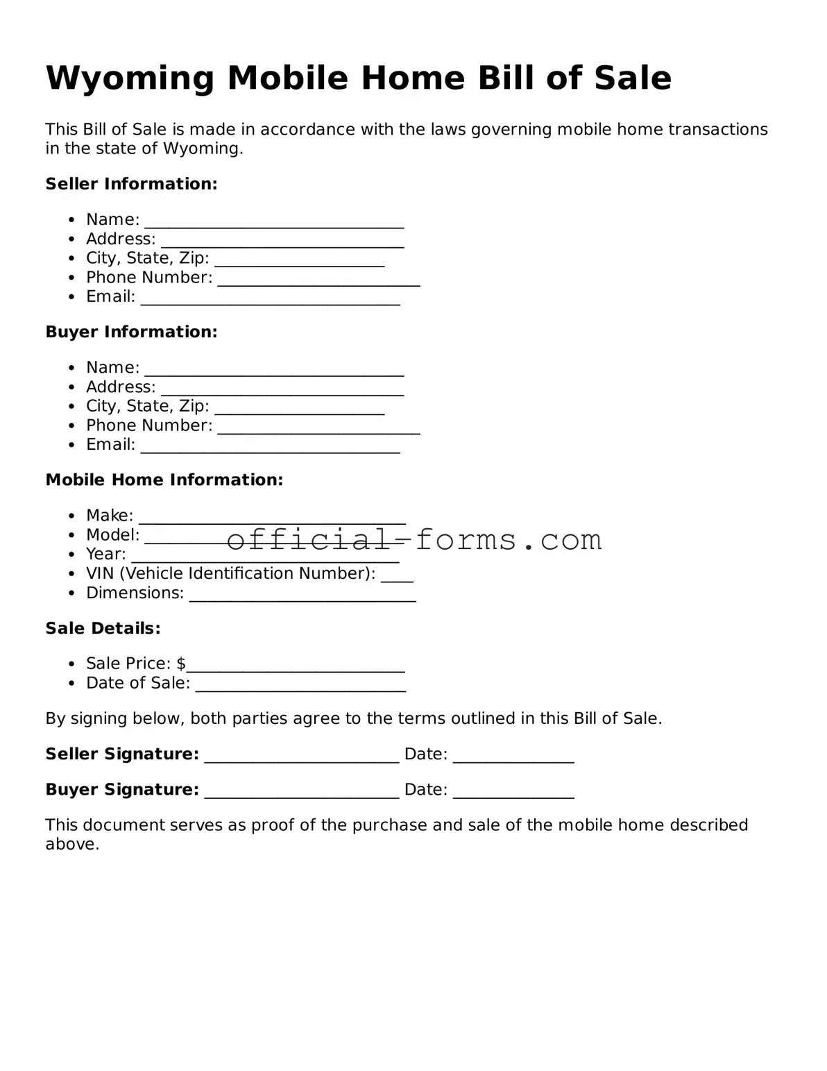 Official Wyoming Mobile Home Bill of Sale Document