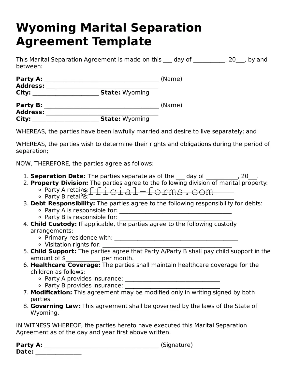 Official Wyoming Marital Separation Agreement Document