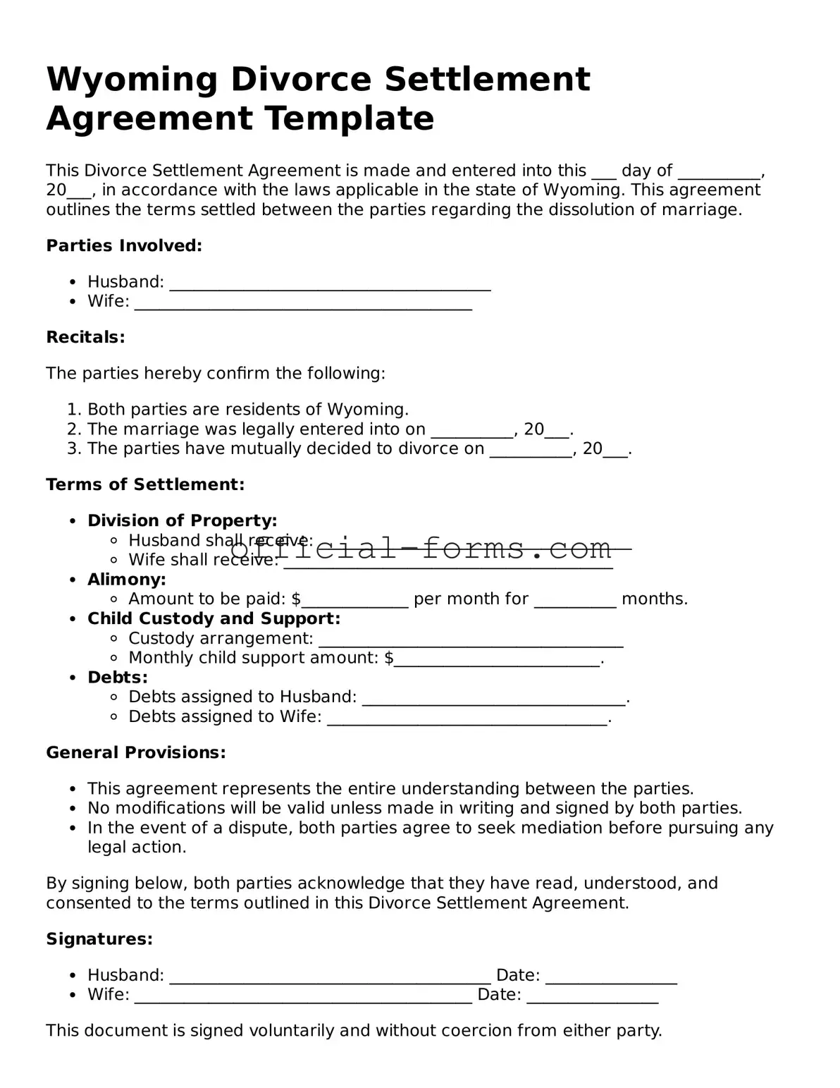 Official Wyoming Divorce Settlement Agreement Document