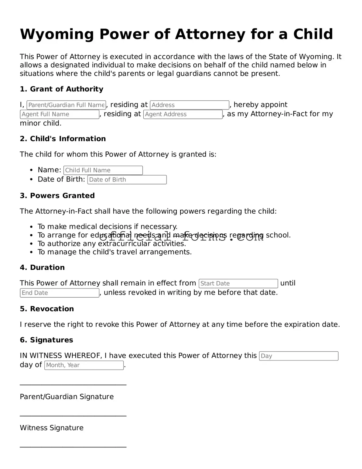 Official Wyoming Power of Attorney for a Child Document