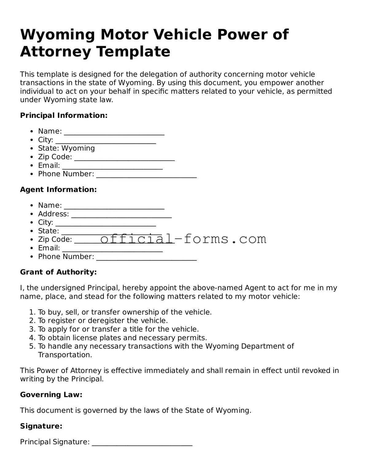 Official Wyoming Motor Vehicle Power of Attorney Document