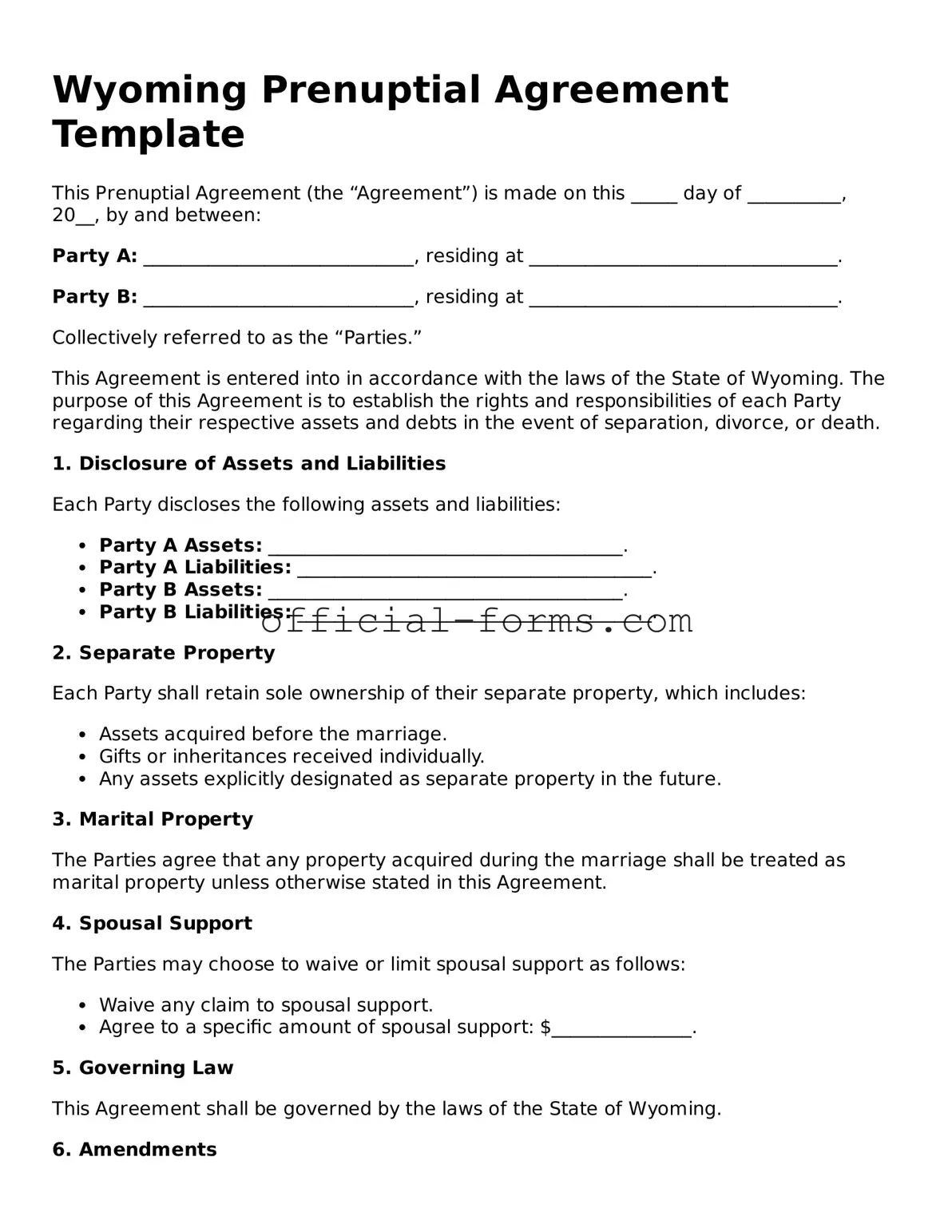 Official Wyoming Prenuptial Agreement Document