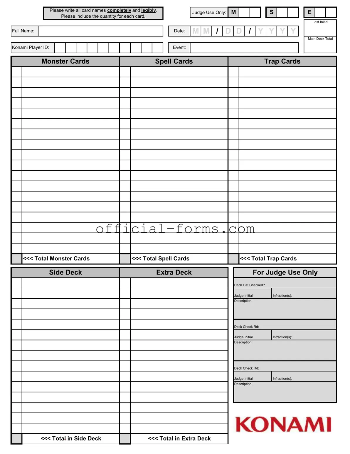 Blank Konami Decklist Form